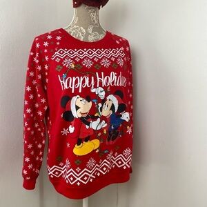 Mickey and Minnie Mouse Happy Holidays Sweatshirt. Red/White. Sz. L.